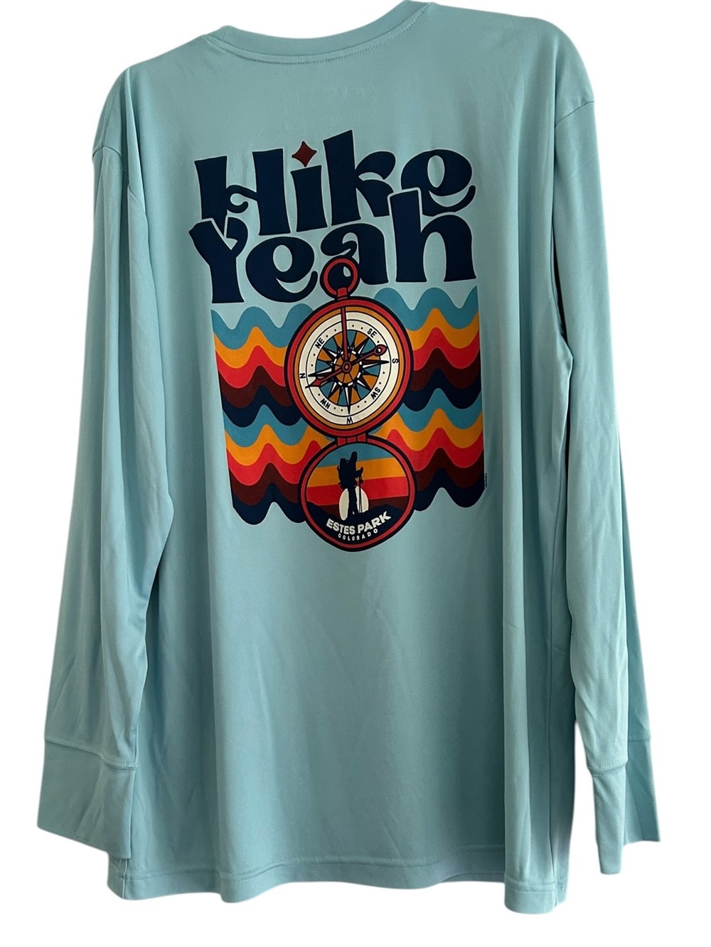 Retro Estes Park Colorado Sun Shirt "Hike Yeah" Long Sleeve Performance Tee Sz L